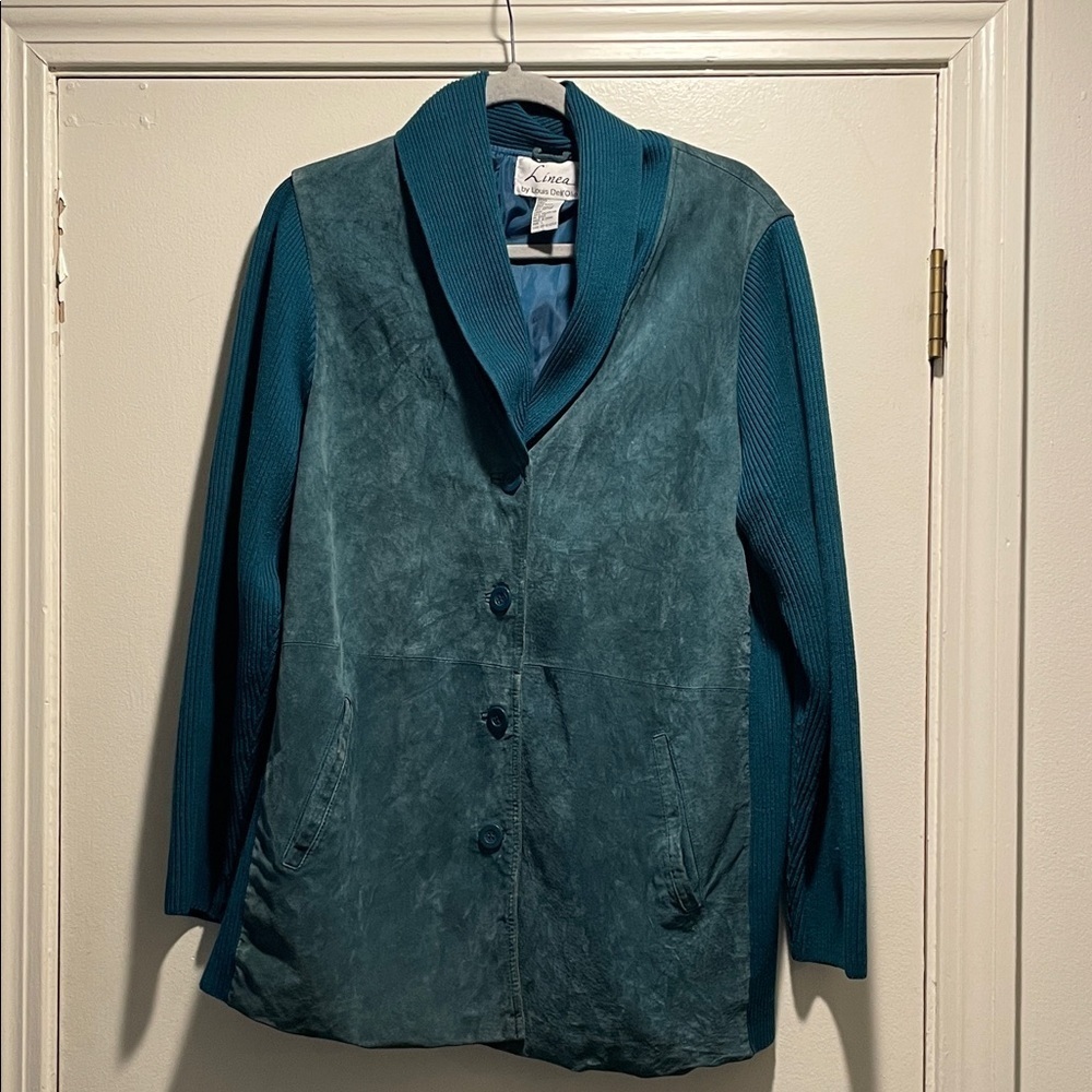 Linea by Louis Dell'Olio Turquoise Suede Button Down Blazer Knit  Sleeves